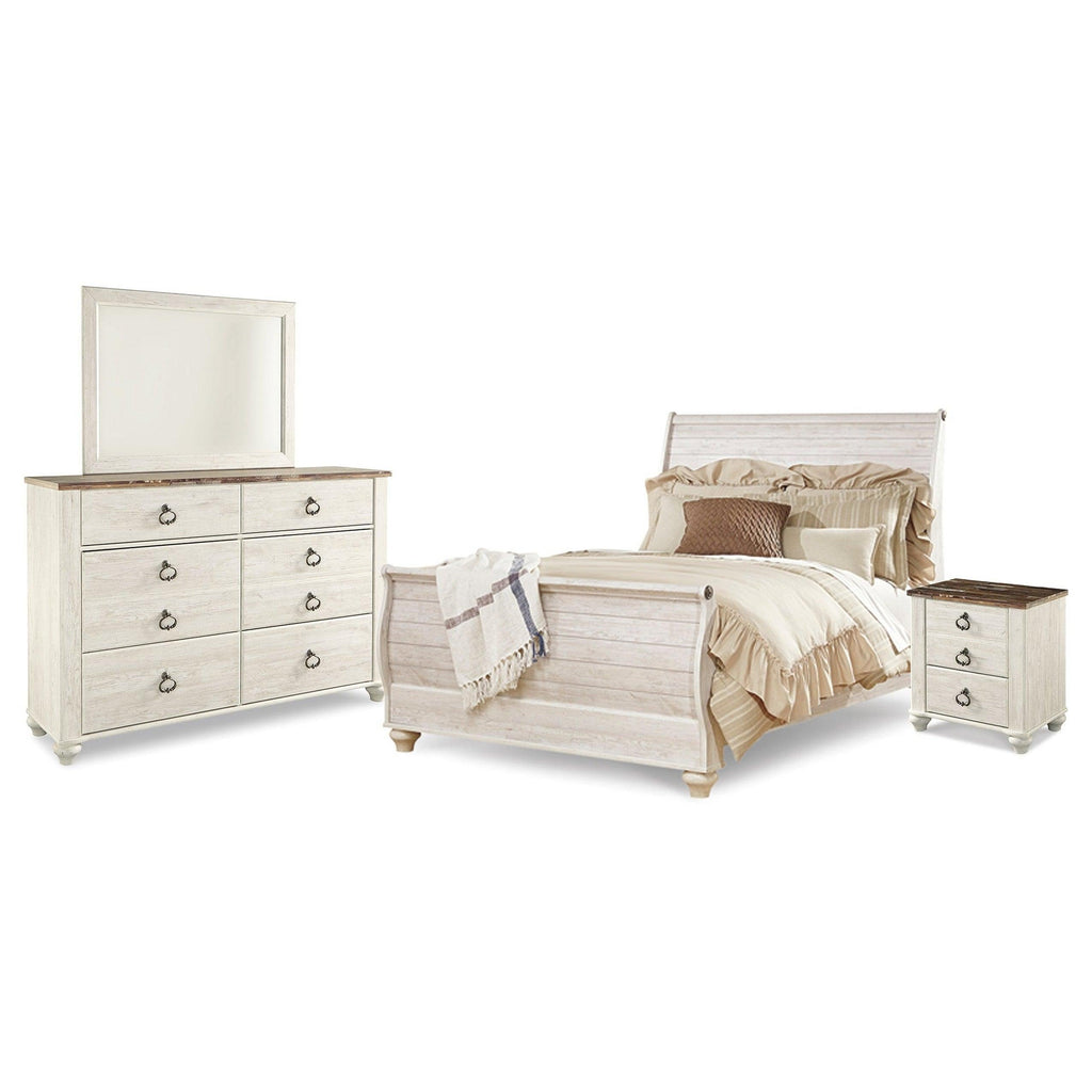 Willowton Queen Sleigh Bed with Mirrored Dresser and Nightstand Ash-B267B32