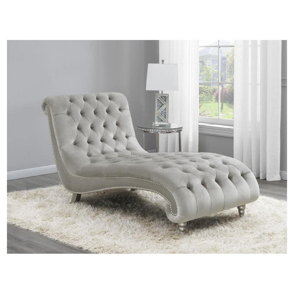 Lydia Tufted Cushion Chaise with Nailhead Trim Grey 905468