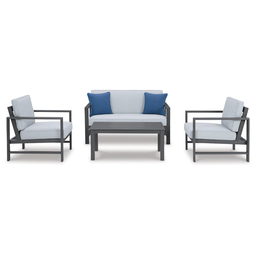 Fynnegan Outdoor Loveseat, 2 Lounge Chairs and Coffee Table Ash-P349P2