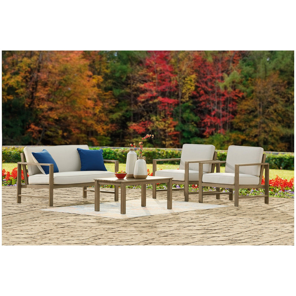 Fynnegan Outdoor Loveseat, 2 Lounge Chairs and Coffee Table Ash-P349P1