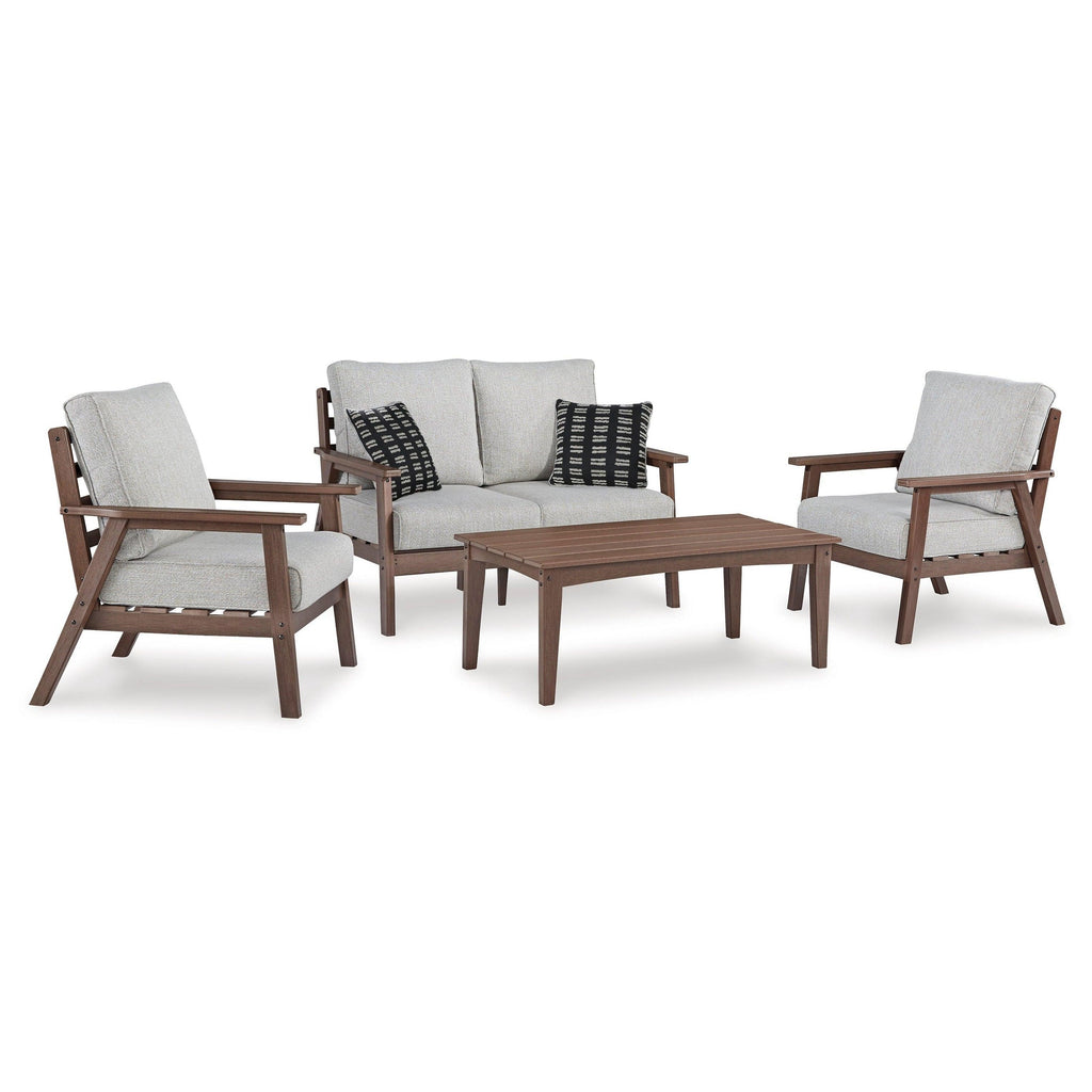 Emmeline Outdoor Loveseat, 2 Lounge Chairs and Coffee Table Ash-P420P1