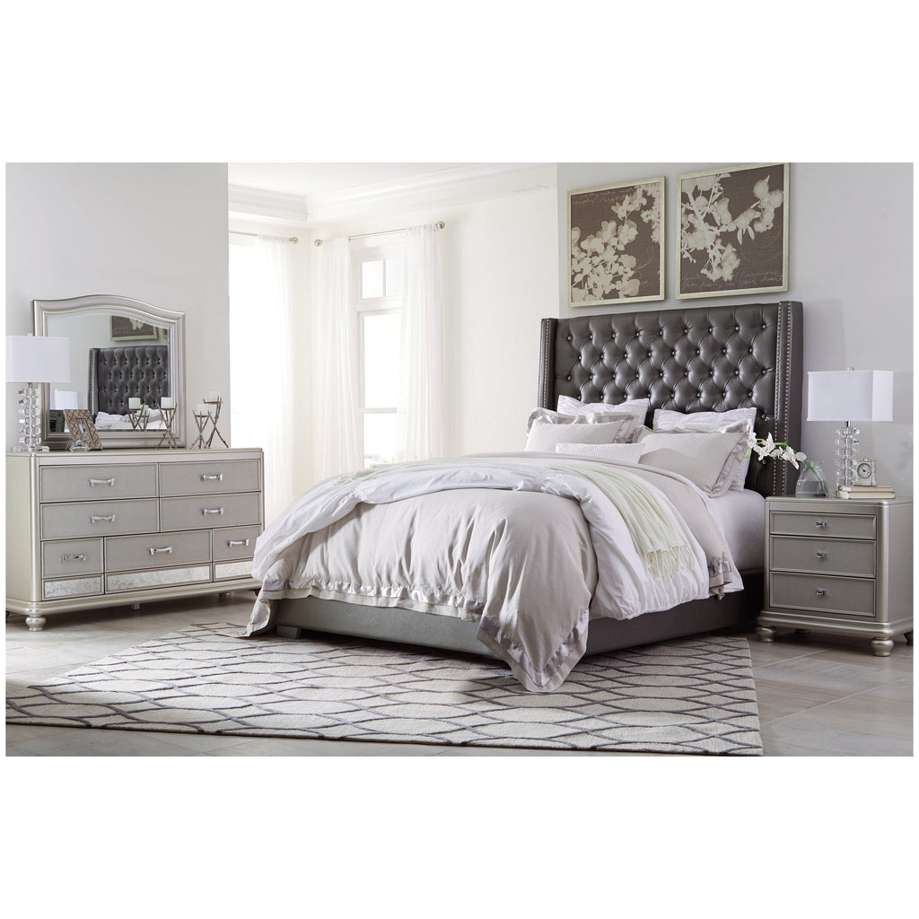 Coralayne King Upholstered Bed, Dresser, Mirror and 2 Nightstands Ash-B650B33