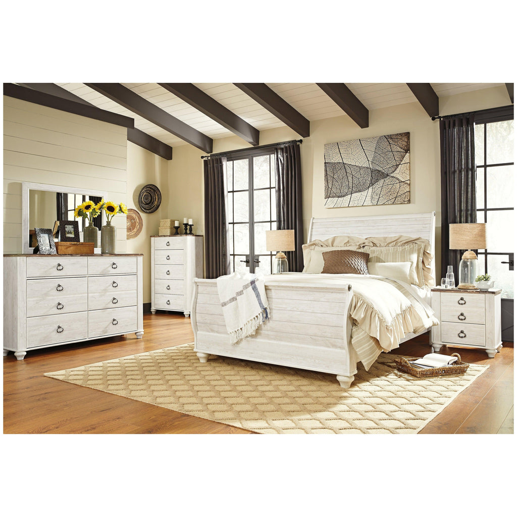 Willowton Queen Sleigh Bed, 2 Dressers, Mirror, Chest and 2 Nightstands Ash-B267B39