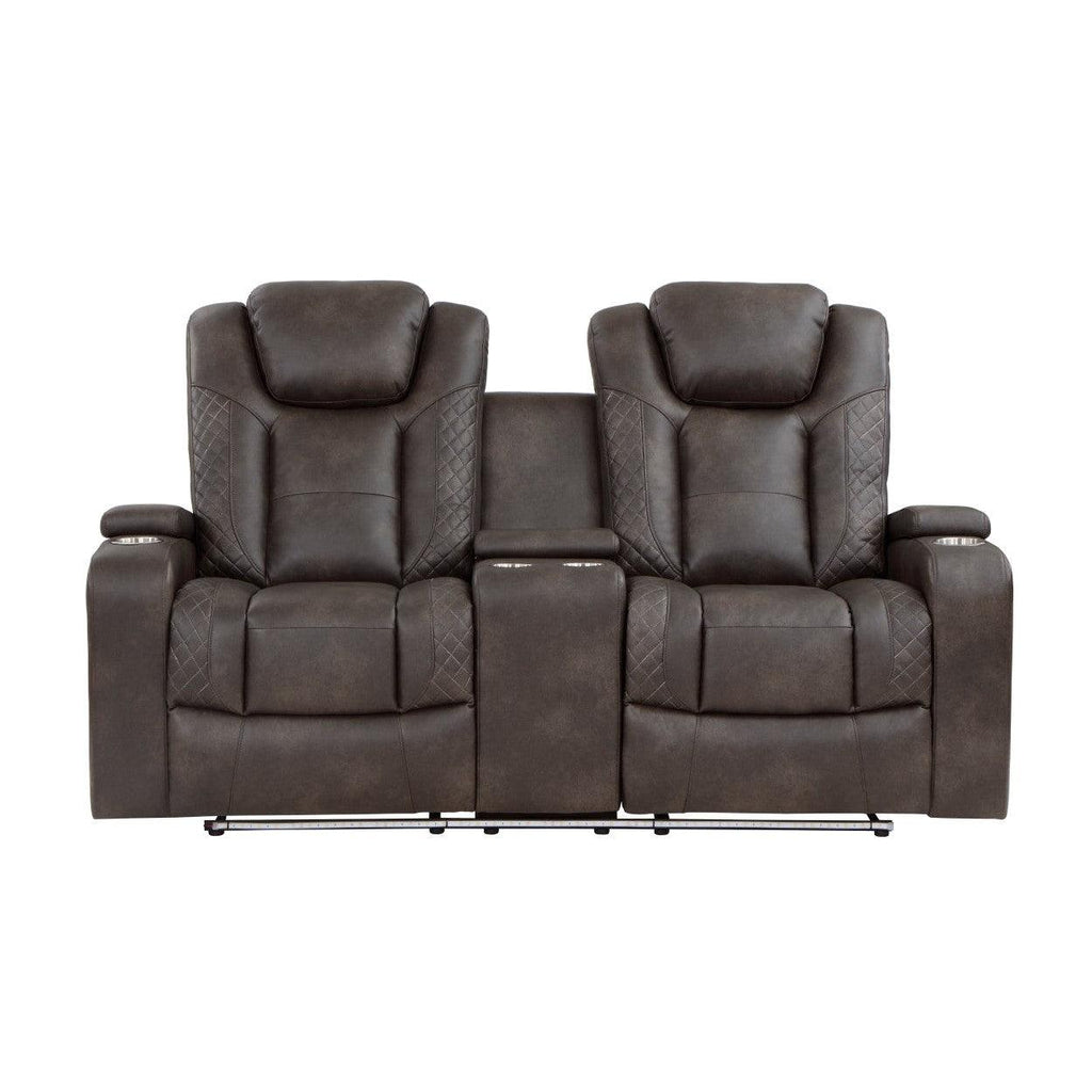 Power Double Reclining Love Seat with Center Console and Power Headrests, Storage Arms, Cup Holders 9211BRG-2PWH