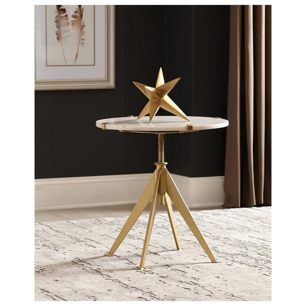 Round Adjustable Height Accent Table White Marble and Brass 930104