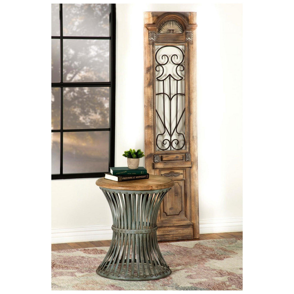 Matyas Round Accent Table with Natural Top and Blue Distressed Base 931198