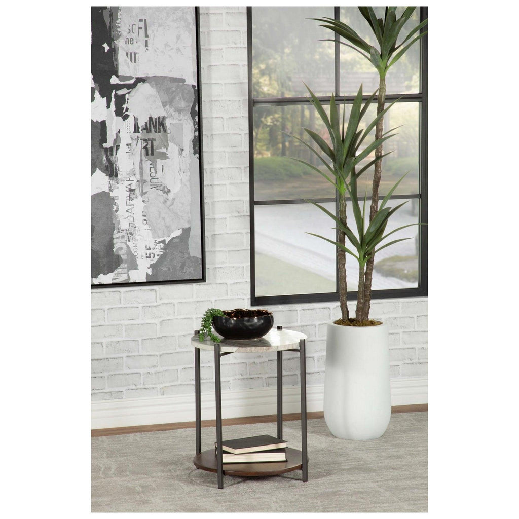 Noemie Round Accent Table with Marble Top White and Gunmetal 931204