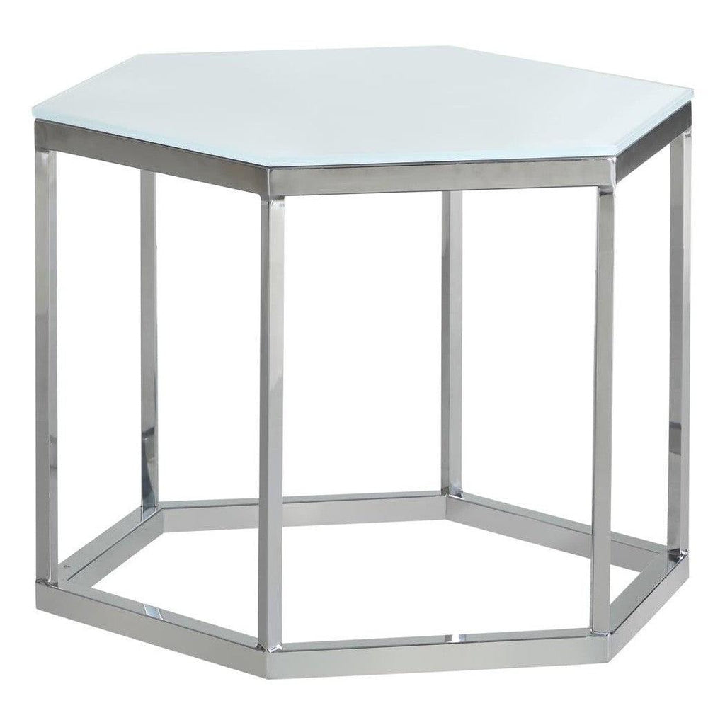Hexagon Glass Top Accent Table White and Silver 934149