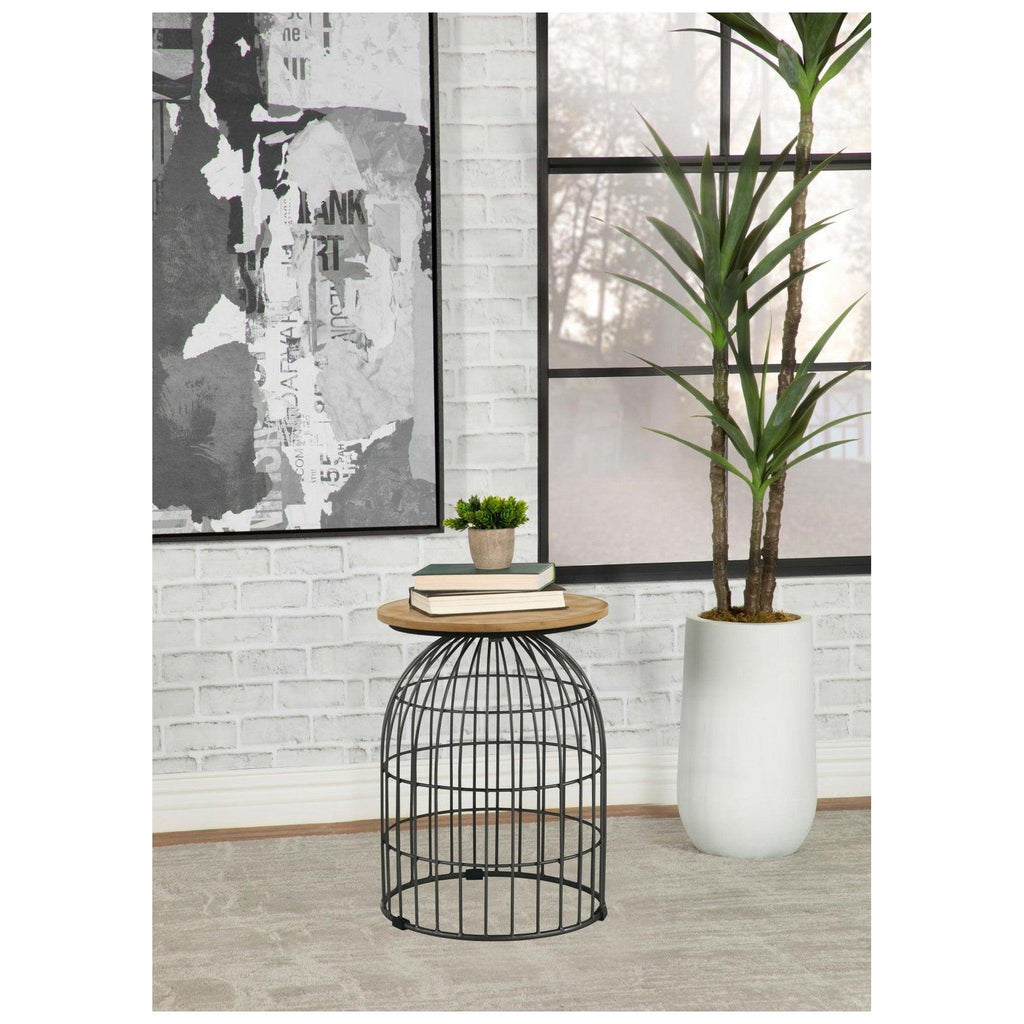 Bernardo Round Accent Table with Bird Cage Base Natural and Gunmetal 935860
