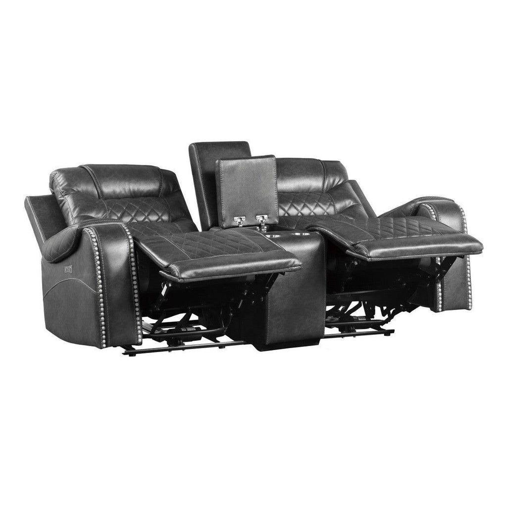 Power Double Reclining Love Seat with Center Console, Receptacles and USB port 9405GY-2PW