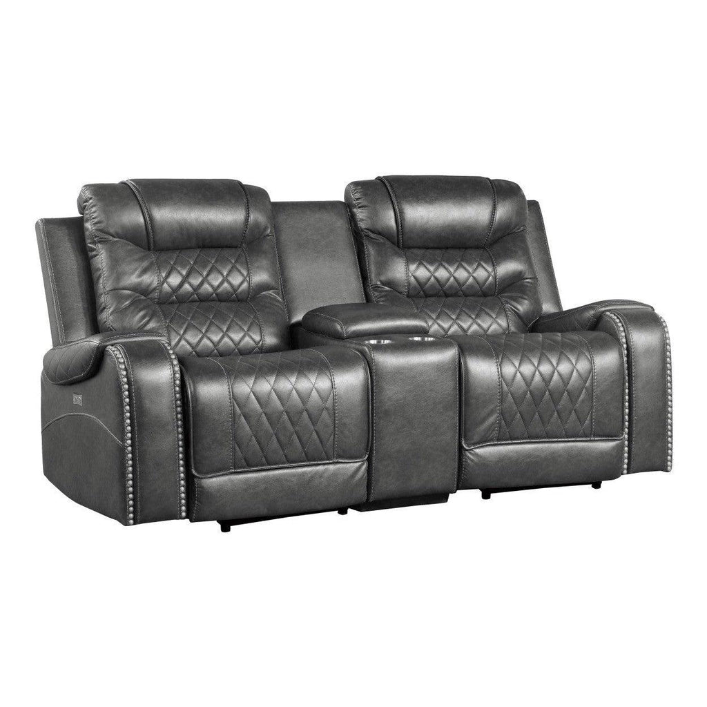 Power Double Reclining Love Seat with Center Console, Receptacles and USB port 9405GY-2PW