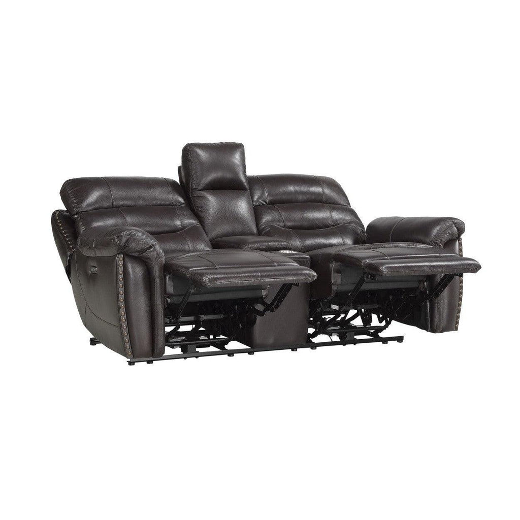 POWER DOUBLE RECLINING LOVE SEAT W/ CONSOLE, POWER HEADRESTS & USB PORTS, BROWN TOP GRAIN LEATHER MATCH PVC 9527BRW-2PWH
