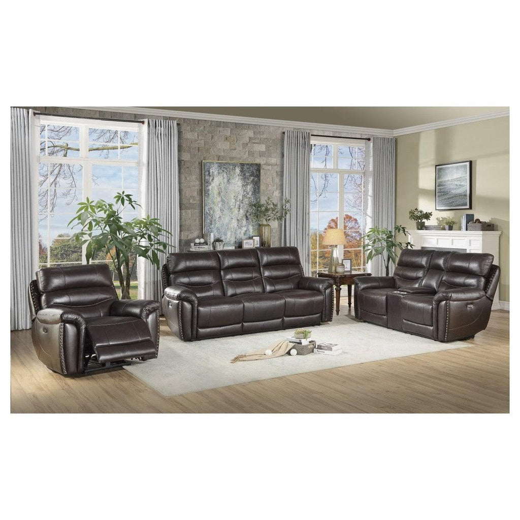 POWER DOUBLE RECLINING LOVE SEAT W/ CONSOLE, POWER HEADRESTS & USB PORTS, BROWN TOP GRAIN LEATHER MATCH PVC 9527BRW-2PWH