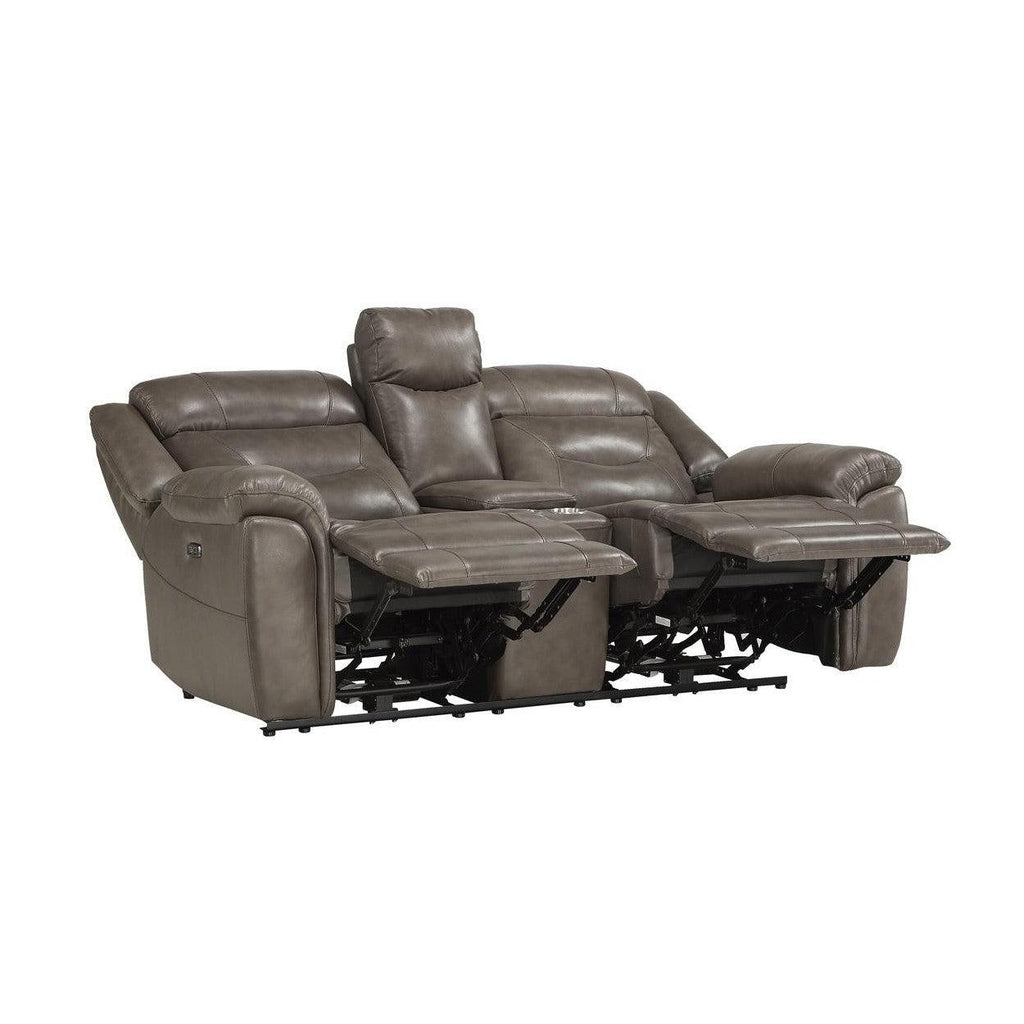 POWER DOUBLE RECLINING LOVE SEAT W/ CONSOLE, POWER HEADRESTS & USB PORTS, BROWNISH GRAY TOP GRAIN LEATHER MATCH PVC 9528BRG-2PWH