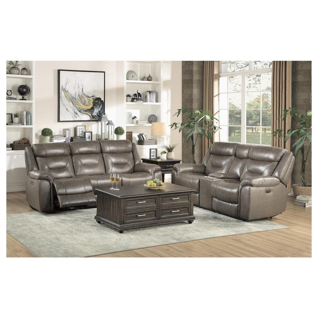 POWER DOUBLE RECLINING LOVE SEAT W/ CONSOLE, POWER HEADRESTS & USB PORTS, BROWNISH GRAY TOP GRAIN LEATHER MATCH PVC 9528BRG-2PWH