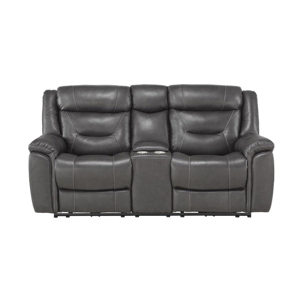 POWER DOUBLE RECLINING LOVE SEAT W/ CONSOLE, POWER HEADRESTS & USB PORTS, DARK GRAY TOP GRAIN LEATHER MATCH PVC 9528DGY-2PWH