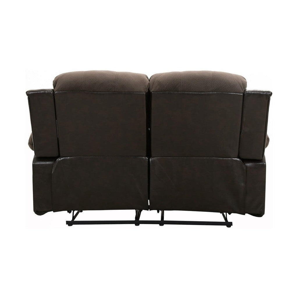 DOUBLE RECLINING LOVE SEAT, CHOCOLATE TEXTURED PLUSH MICROFIBER AND DARK BROWN PU 9700FCP-2