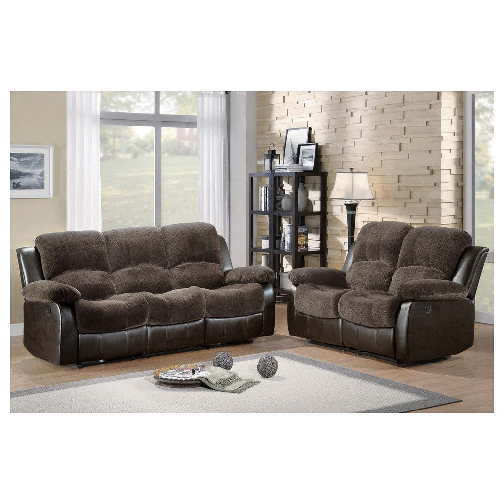 DOUBLE RECLINING LOVE SEAT, CHOCOLATE TEXTURED PLUSH MICROFIBER AND DARK BROWN PU 9700FCP-2