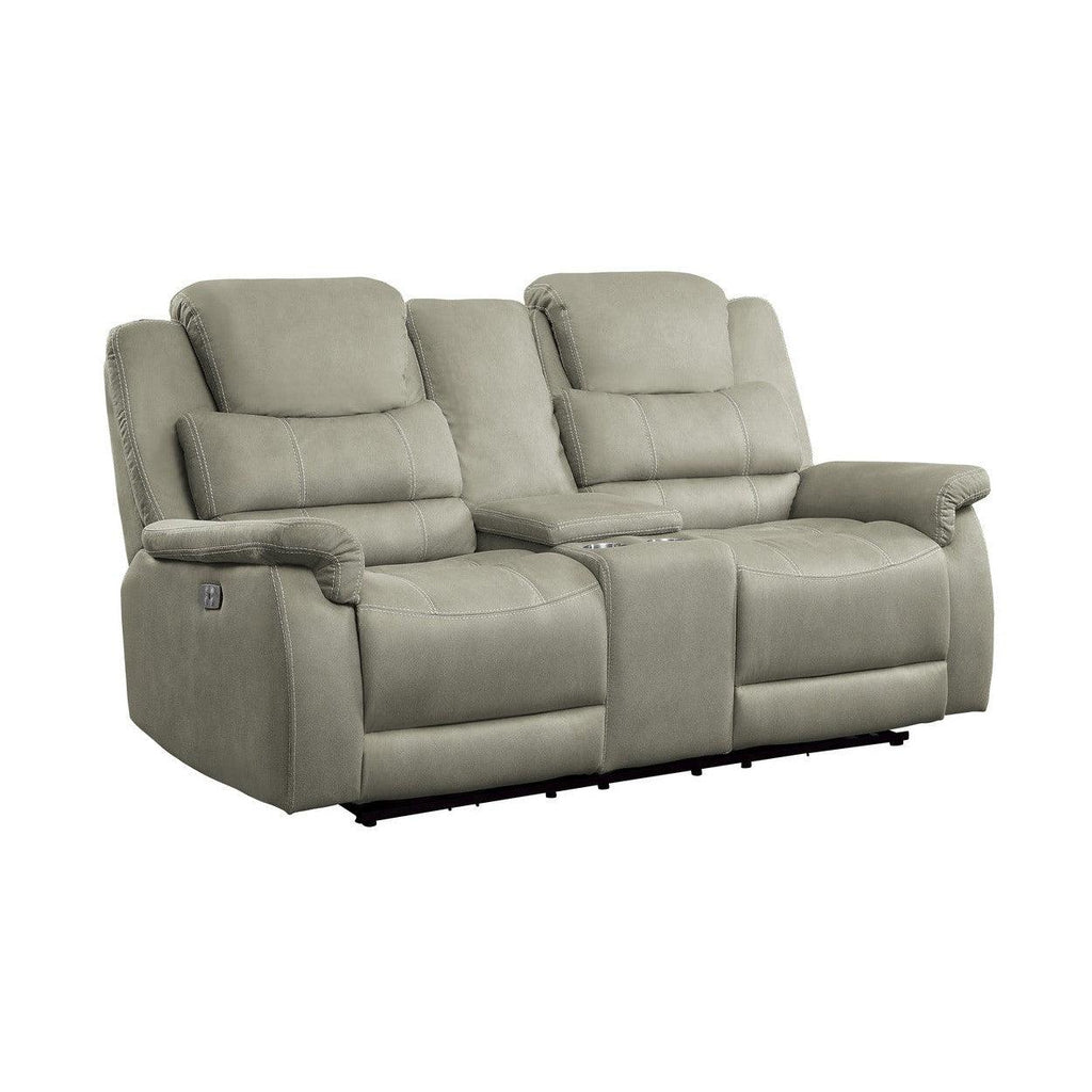 POWER DOUBLE RECLINING LOVE SEAT WITH CENTER CONSOLE, POWER HEADRESTS & USB PORTS, GRAY 100% POLYESTER 9848GY-2PWH