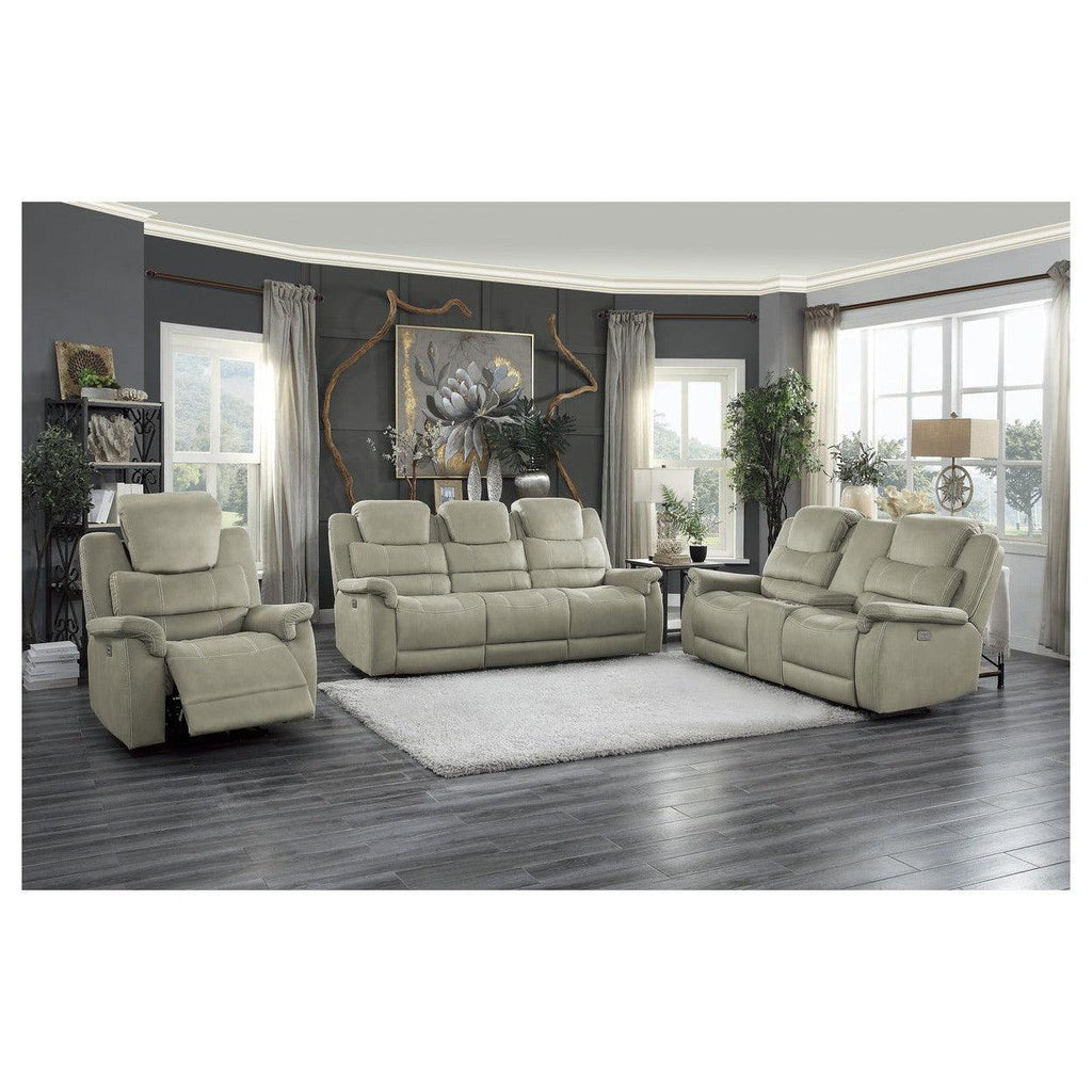 POWER DOUBLE RECLINING LOVE SEAT WITH CENTER CONSOLE, POWER HEADRESTS & USB PORTS, GRAY 100% POLYESTER 9848GY-2PWH