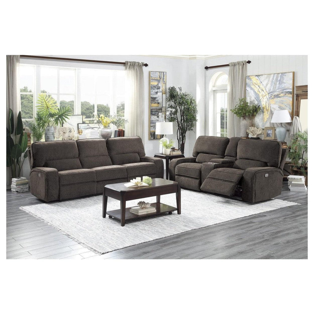 POWER DOUBLE RECLINING LOVE SEAT WITH CENTER CONSOLE, POWER HEADRESTS & USB PORTS, CHOCOLATE 100% POLYESTER 9849CH-2PWH