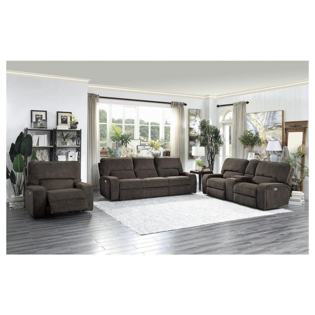POWER DOUBLE RECLINING SOFA WITH POWER HEADRESTS & USB PORTS, CHOCOLATE 100% POLYESTER 9849CH-3PWH