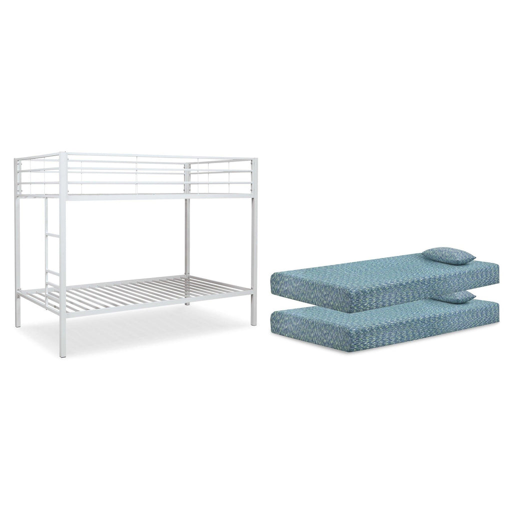 Broshard Twin over Twin Metal Bunk Bed and 2 Mattresses and Pillows Ash-B075B1