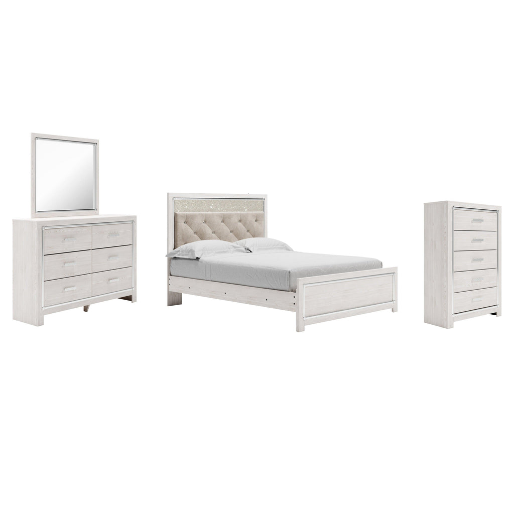 Altyra Queen Upholstered Panel Bed, Dresser, Mirror, and Chest Ash-B2640B35