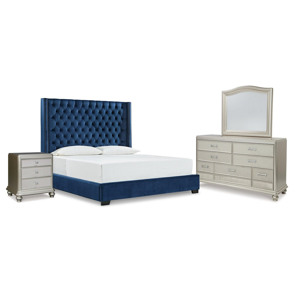 Coralayne King Upholstered Bed with Mirrored Dresser Ash-B650B29