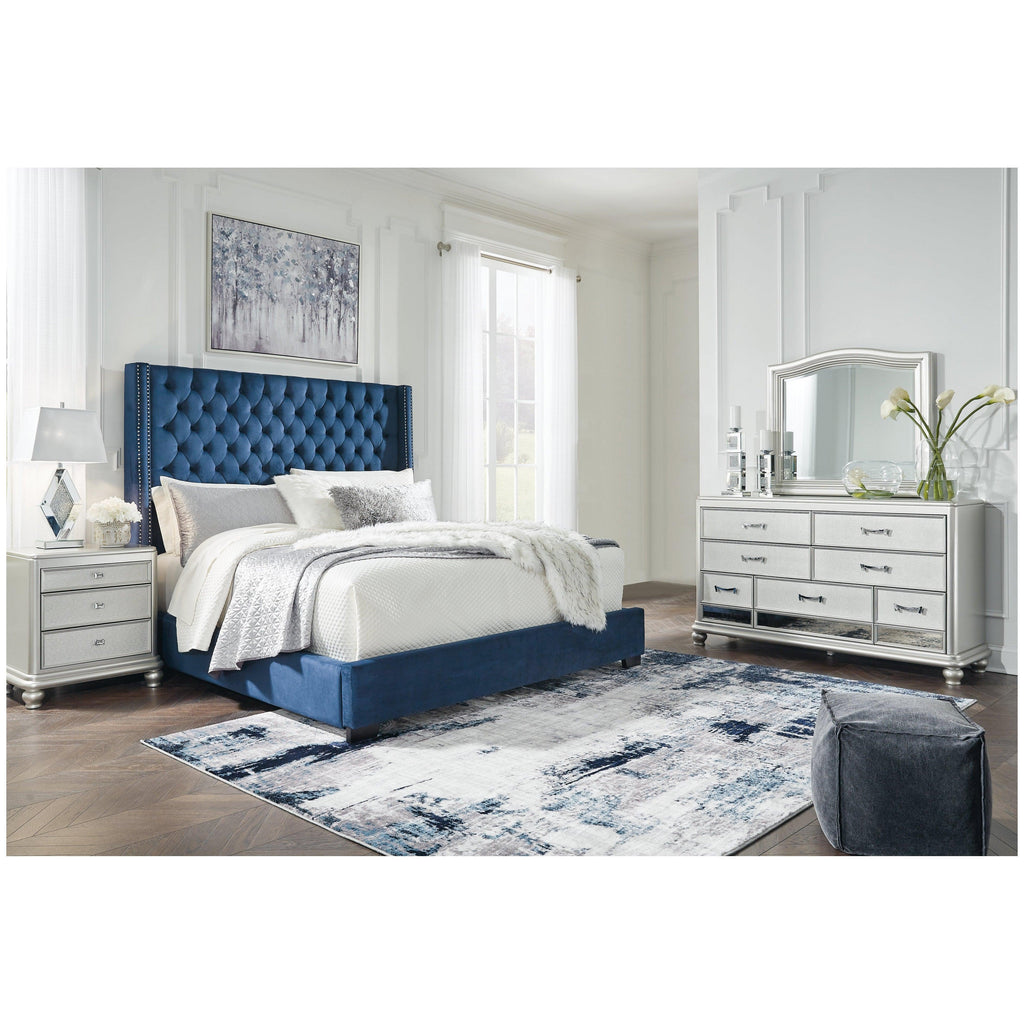 Coralayne King Upholstered Bed with Mirrored Dresser Ash-B650B29