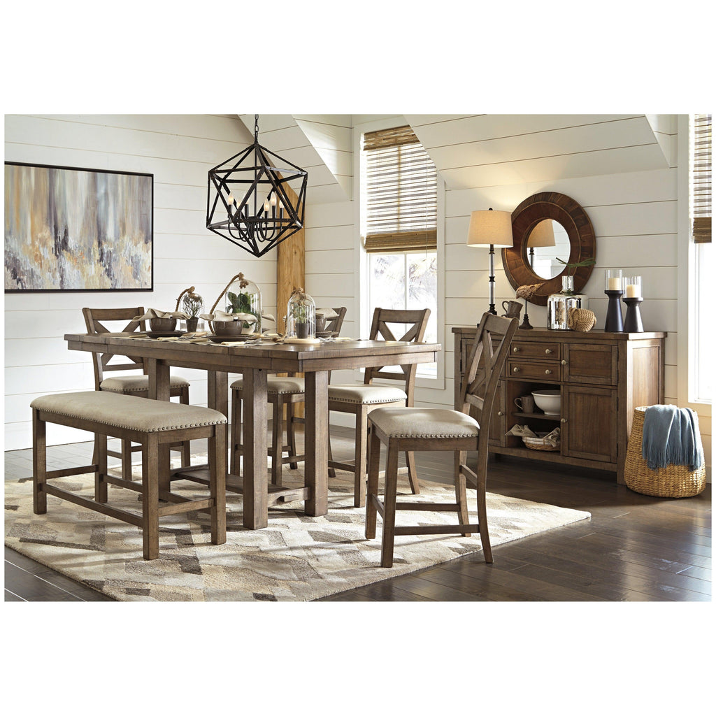 Moriville Counter Height Dining Table with 4 Barstools, Bench, and Server Ash-D631D4