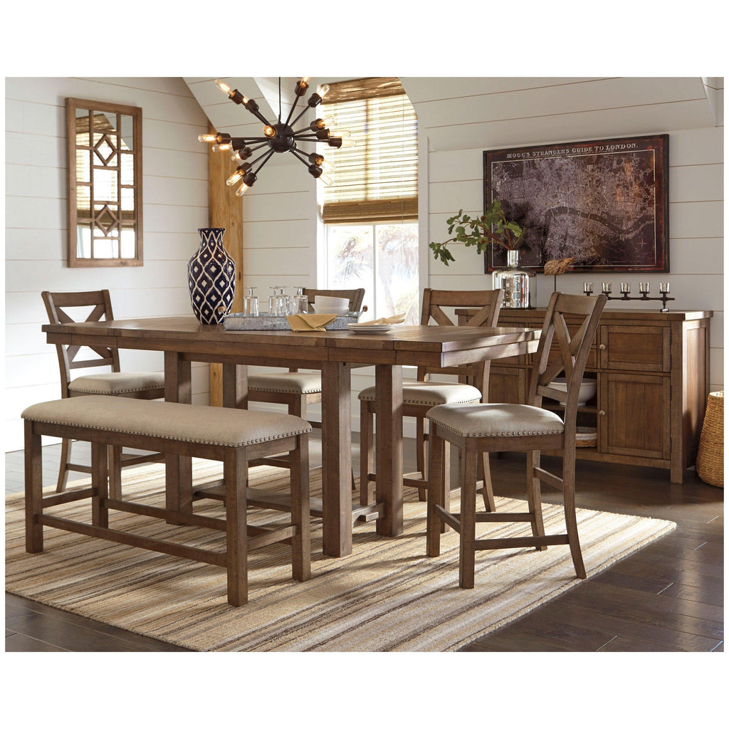 Moriville Counter Height Dining Table with 4 Barstools, Bench, and Server Ash-D631D4