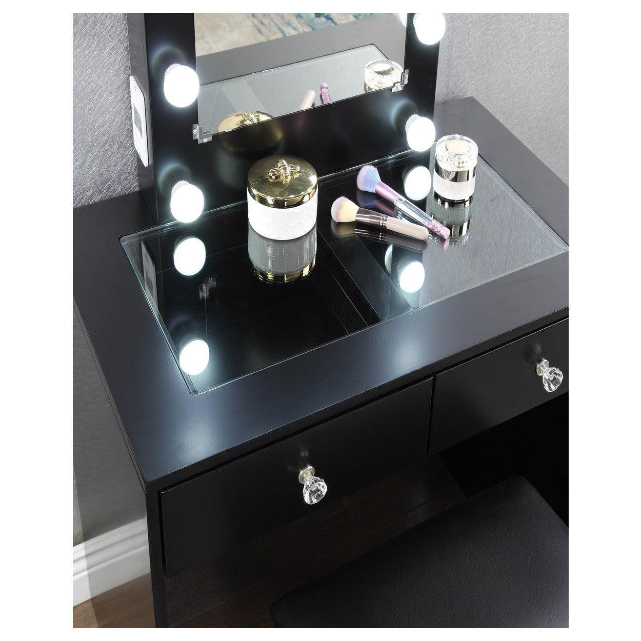 Gaia Black tocador maquillaje negro bombillas LED espejo taburete