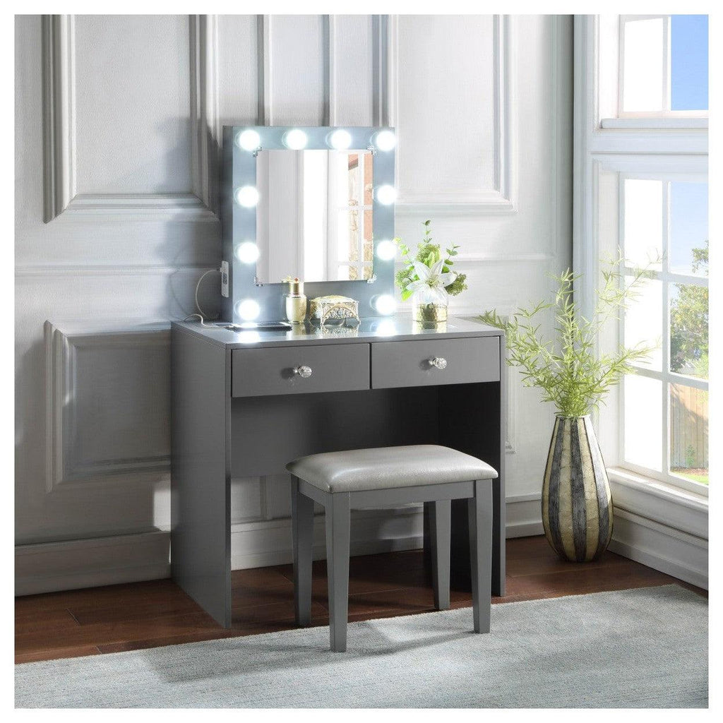 GREY MAKEUP VANITY WITH 10 LIGHTS AND USB AND POWER OUTLET AND STOOL HM7878GY-15