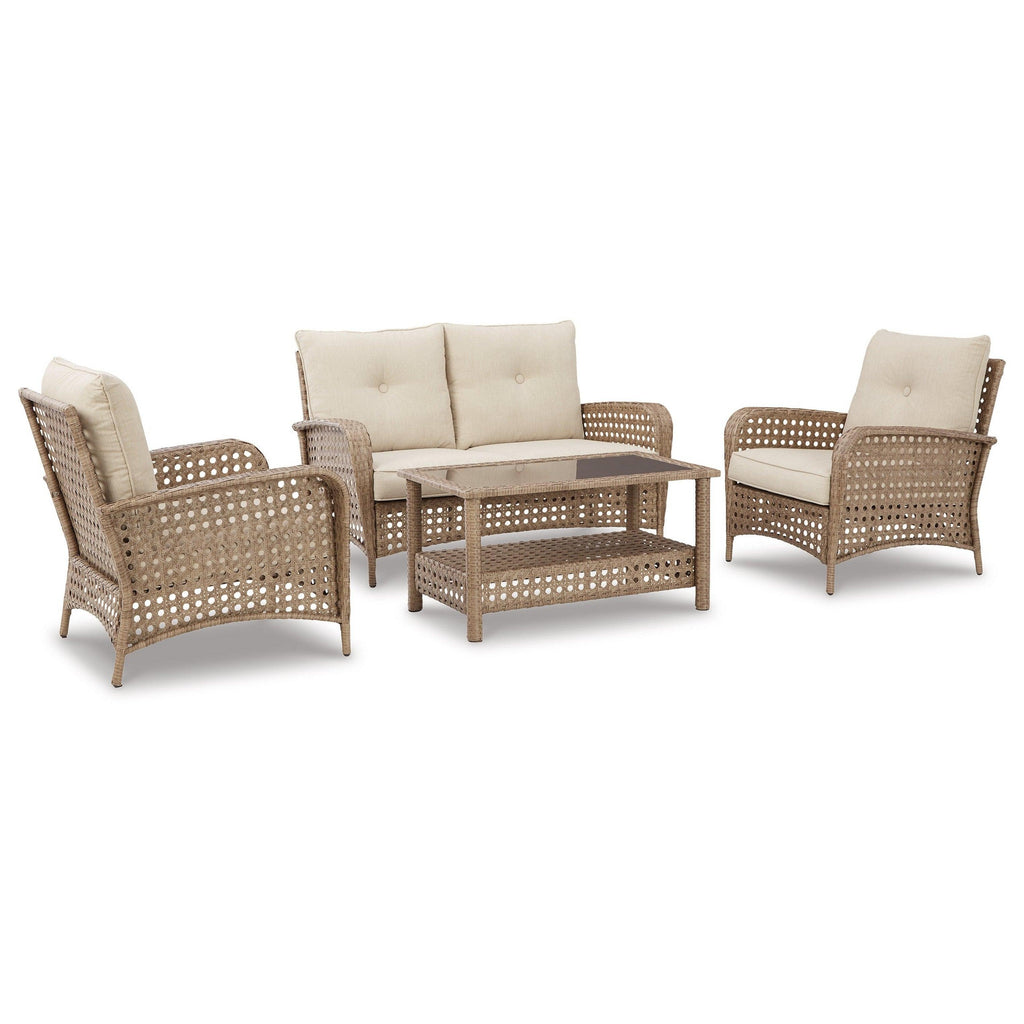 Braylee Outdoor Loveseat, 2 Lounge Chairs and Coffee Table Ash-P345P1