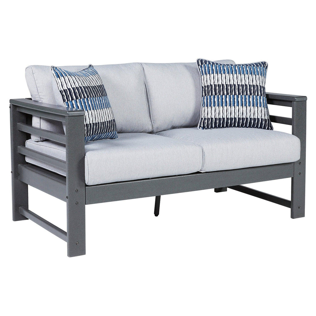 Amora Outdoor Loveseat, 2 Lounge Chairs and Coffee Table Ash-P417P1